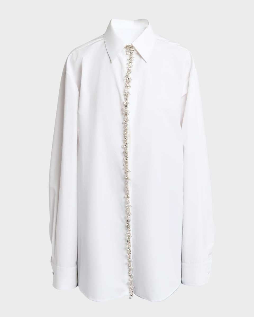 Poplin Button-Front Shirt with Crystal Trim Placket