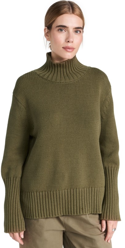 White + Warren Core Spun Cotton High Rib Turtleneck Deep Olive
