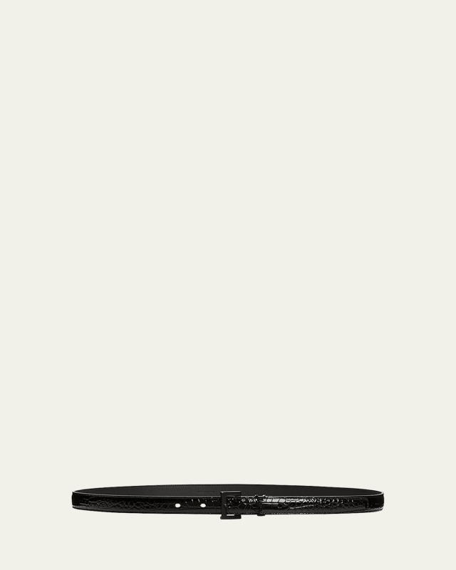 YSL Tonal Croc-Embossed Skinny Belt