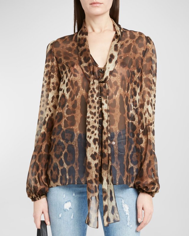 Leopard Print Tie-Neck Chiffon Blouse