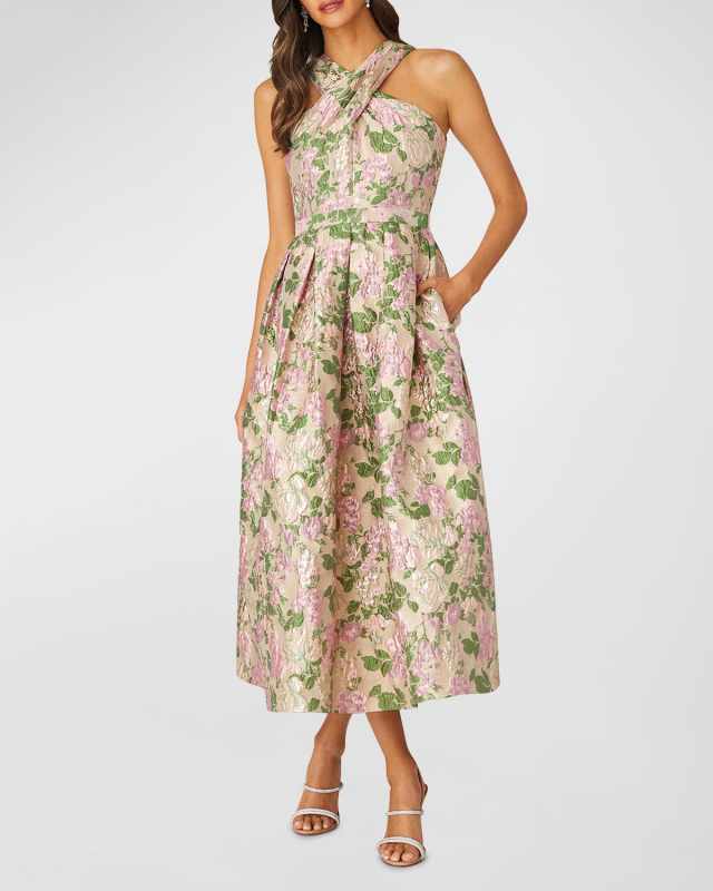 Ivanna Pleated Floral Jacquard Midi Dress