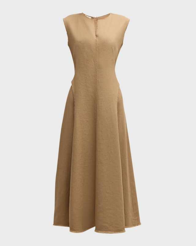 Sleeveless Fringe-Trim Linen Midi Dress