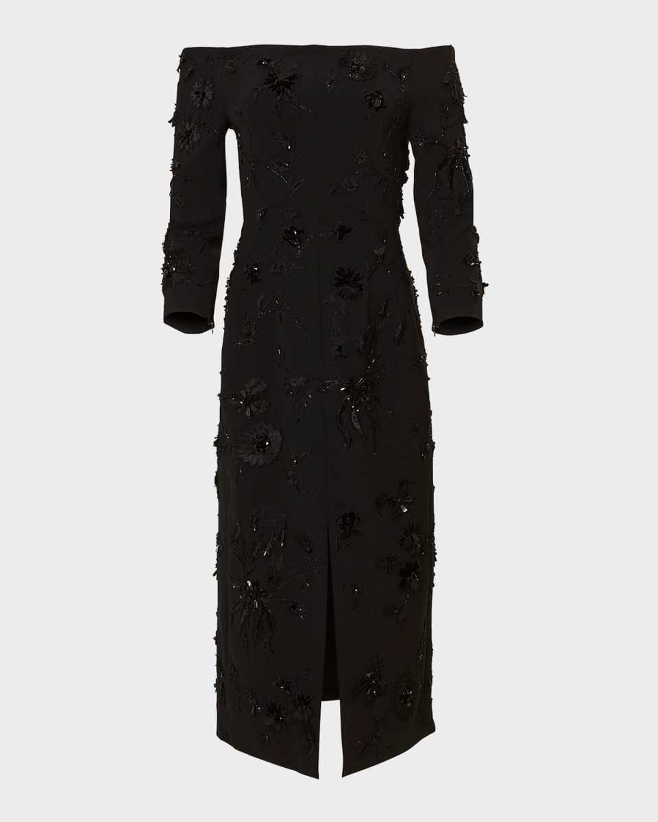 Off-Shoulder Column Dress with Floral Applique Detail