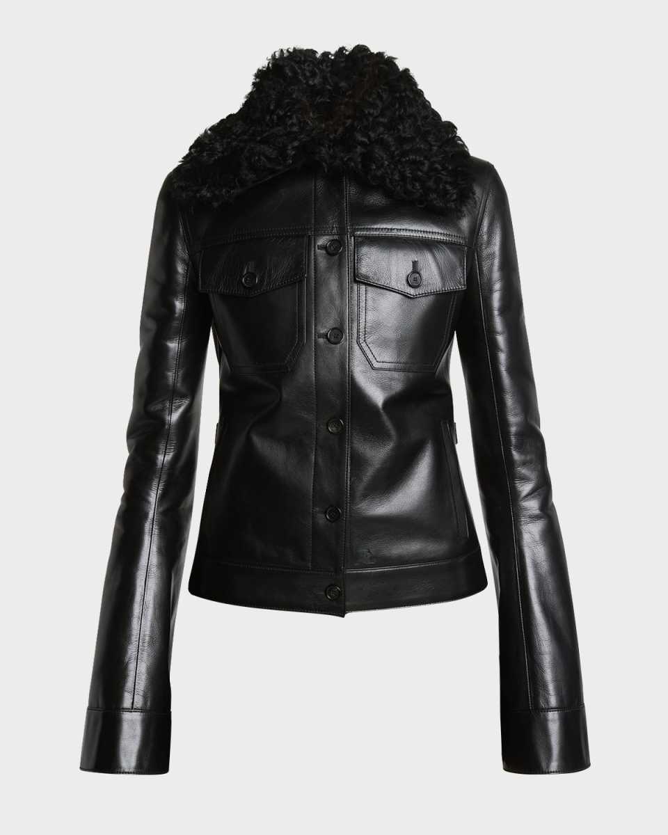 Sheep Shearling Collar Leather Trucker Jacket