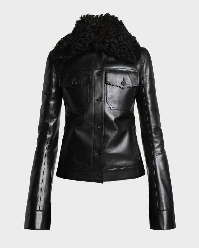 Sheep Shearling Collar Leather Trucker Jacket
