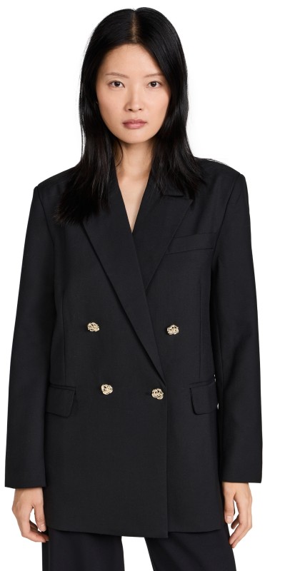 Pixie Market Oversized Wool Gold Button Blazer Black