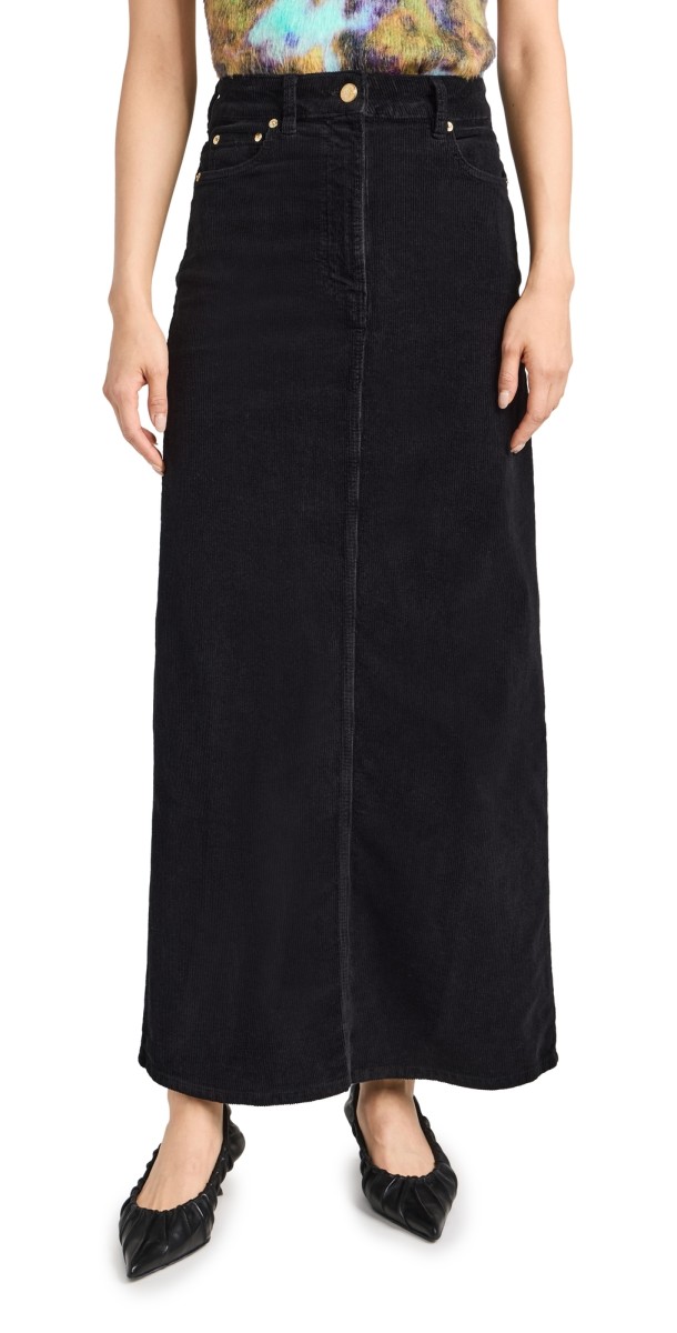 GANNI Washed Corduroy Long Skirt Black