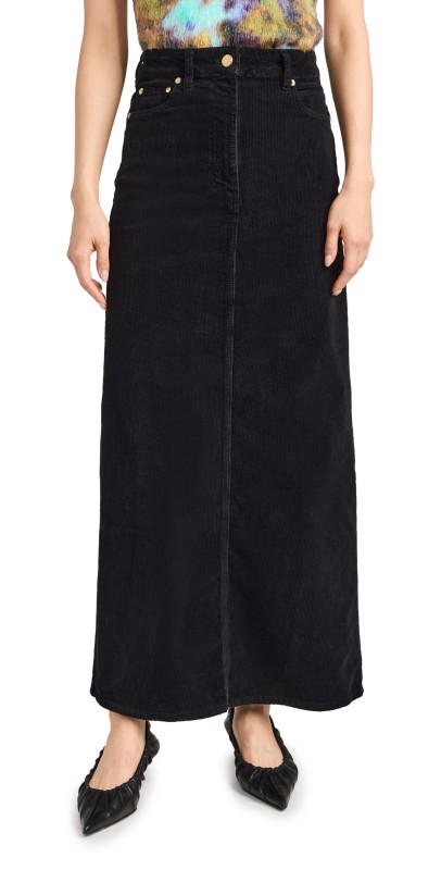 GANNI Washed Corduroy Long Skirt Black