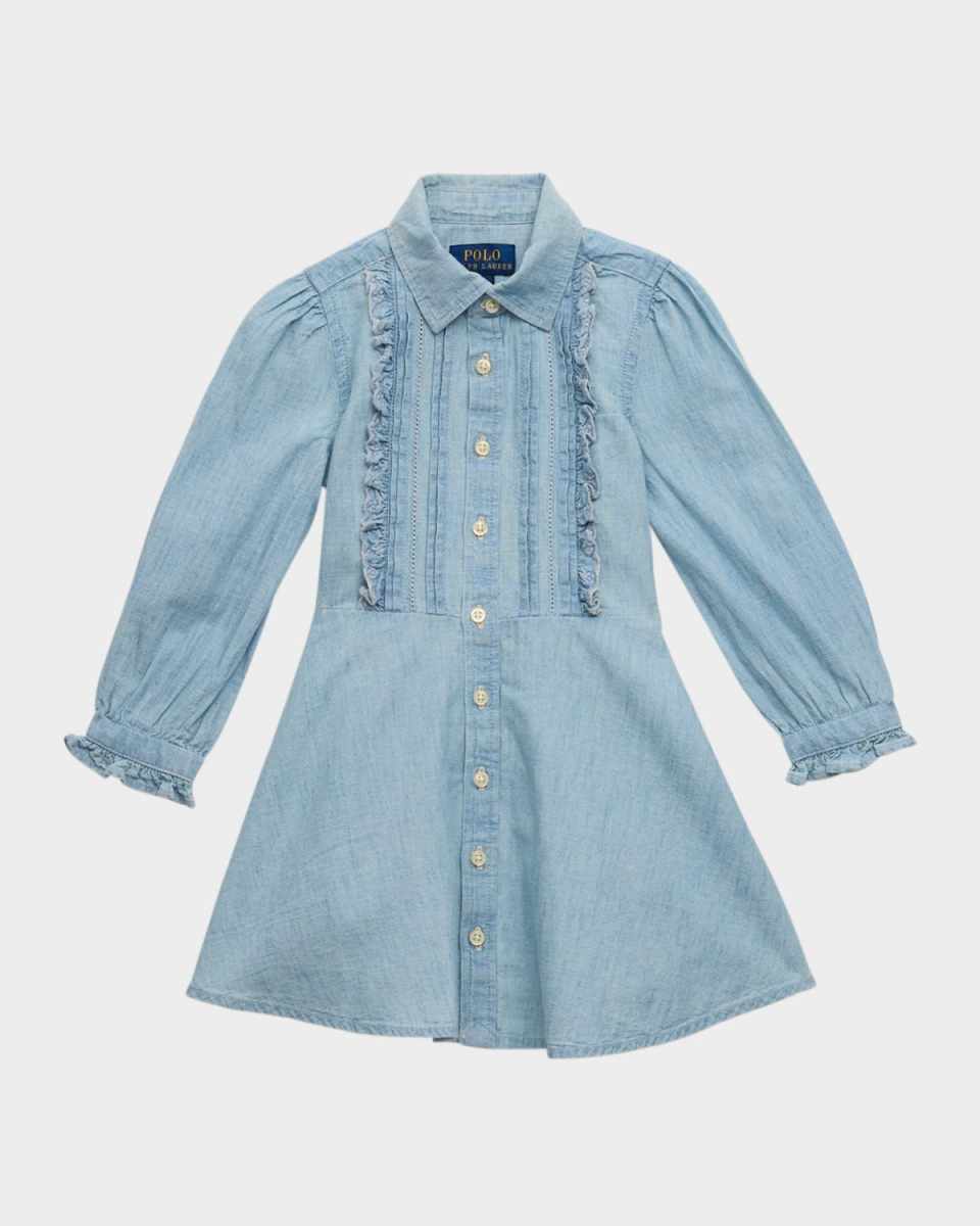 Girl's Chambray Floral-Trim Frill Dress, Size 2-6X