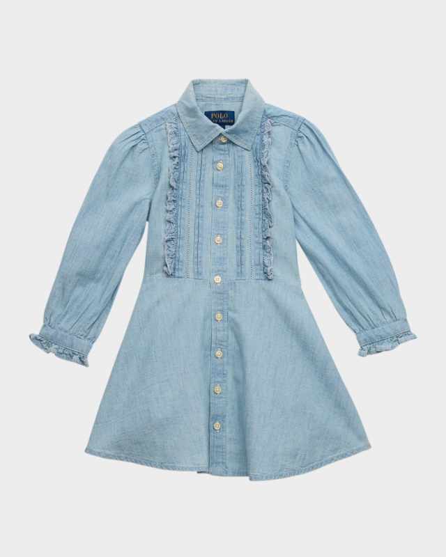 Girl's Chambray Floral-Trim Frill Dress, Size 2-6X