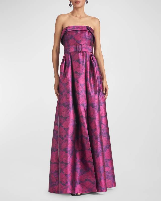Brielle Strapless Floral-Print Mikado Gown