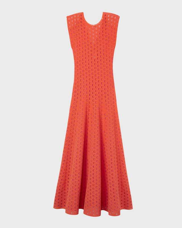 Double-Faced Eyelet Knit Cap-Sleeve Gown With Slip