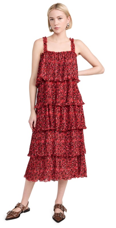 GANNI Pleated Georgette Flounce Strap Midi Dress Racing Red