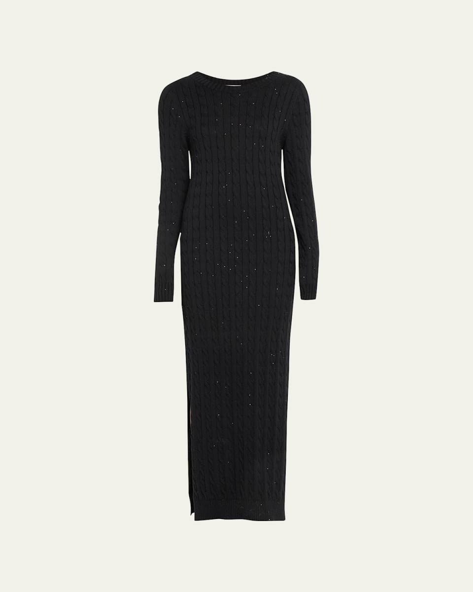 Paillette Cotton Cable-Knit Long-Sleeve Slits Sweater Gown