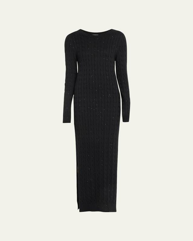 Paillette Cotton Cable-Knit Long-Sleeve Slits Sweater Gown