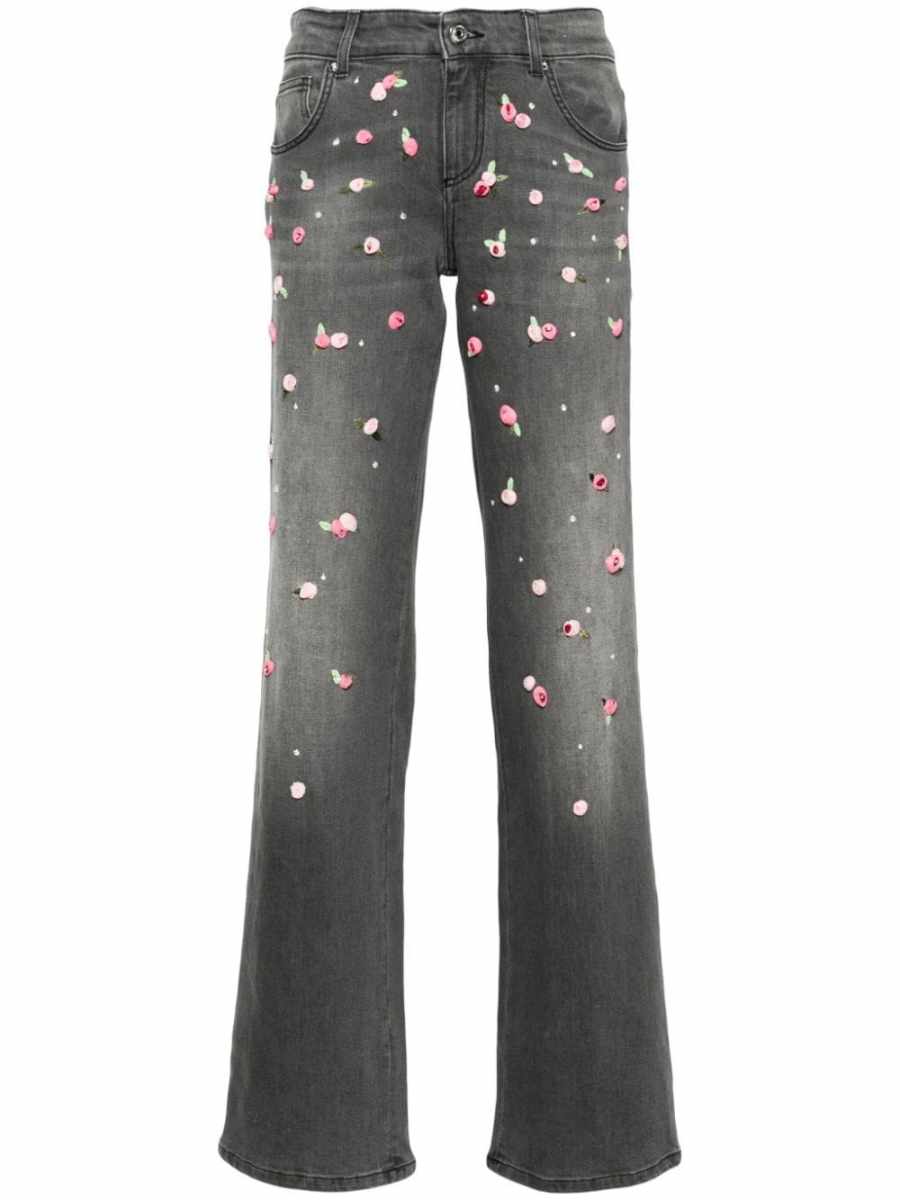 embroidered-roses wide-leg jeans