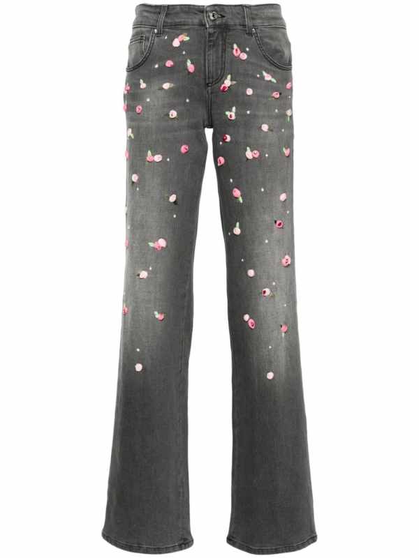 embroidered-roses wide-leg jeans