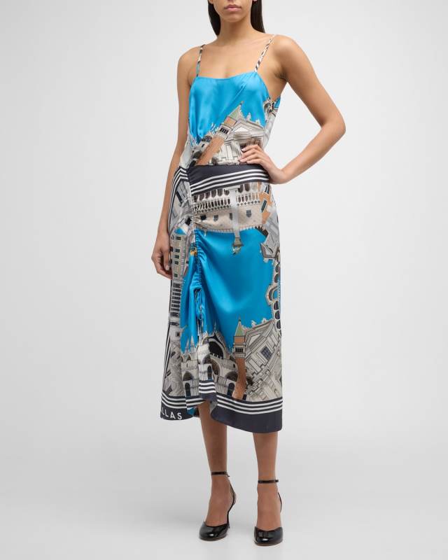 Angie Landmark-Print Silk Midi Dress
