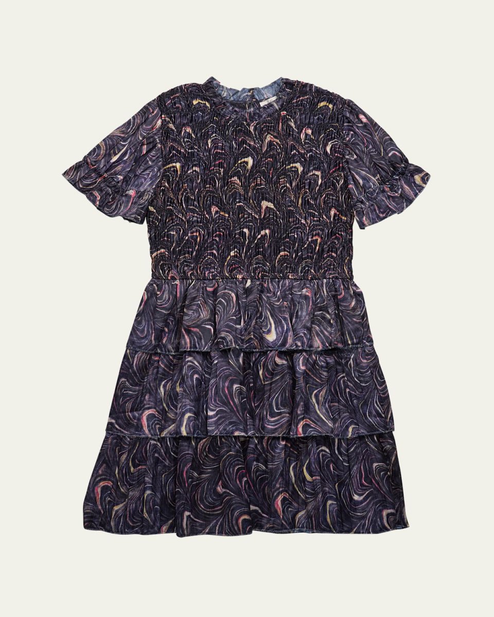 Girl's Amara Marble-Print Smocked Dress, Size 2-14