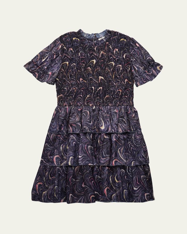Girl's Amara Marble-Print Smocked Dress, Size 2-14
