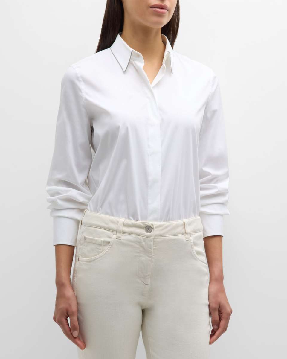 Cotton Poplin Button-Front Top with Monili Trim