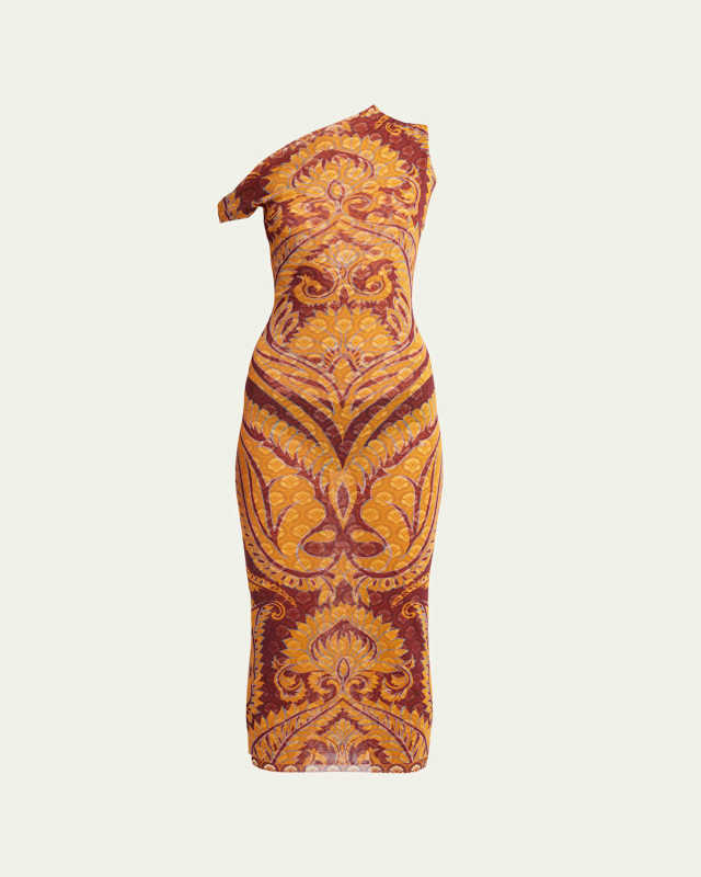 One-Shoulder Paisley Cutout Body-Con Midi Dress