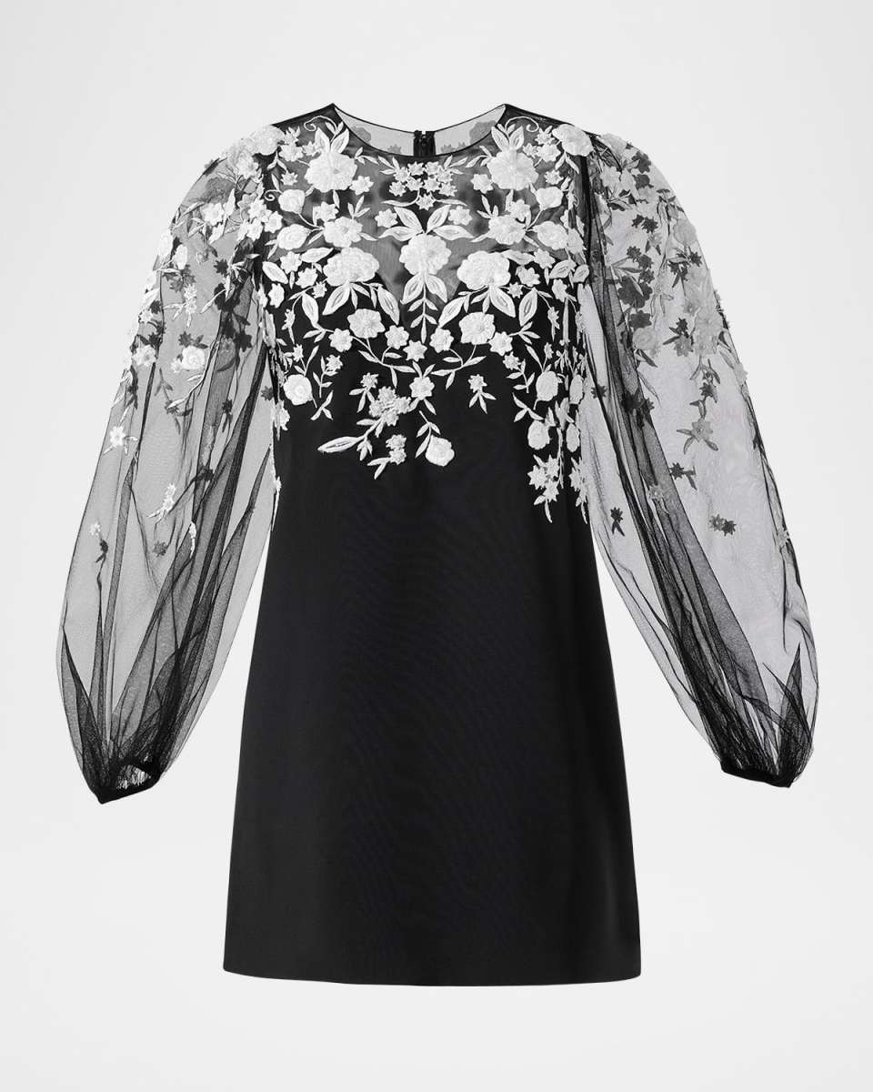 Floral Embroidered Puff-Sleeve Mini Illusion Dress