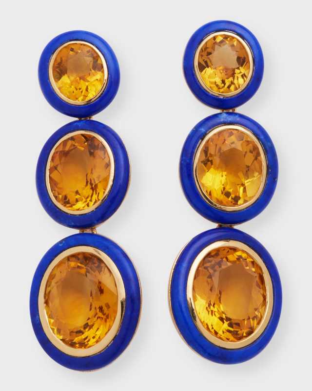 Melange 3-Tier Oval Earrings in 18k Gold with Citrine & Lapis