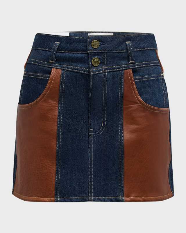 Atelier Denim and Leather Mini Skirt