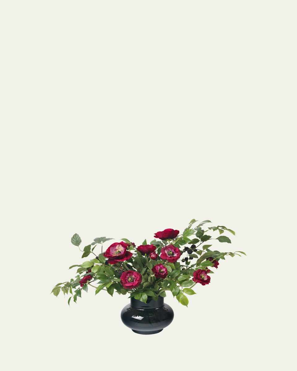 Blackberry Branches, Ranunculus, and Leaves 24" Faux Floral Arrangement in Black Glass Vase