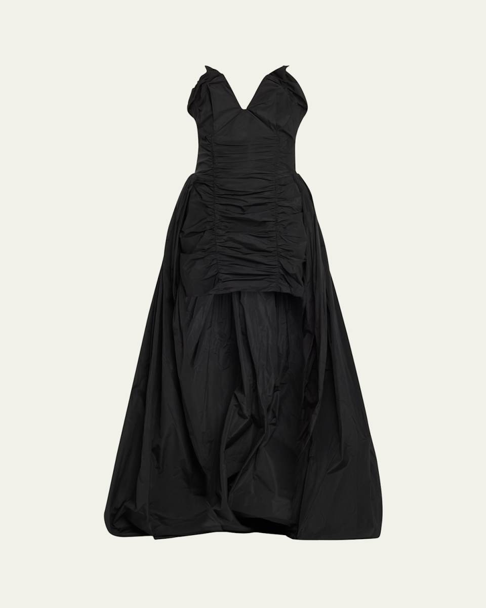 Ruched Strapless Bustier Mini Dress with Attached Train