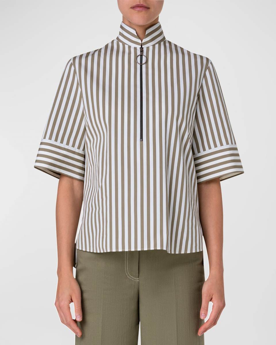 Kodak Striped Cotton Poplin Short-Sleeve Zip Shirt