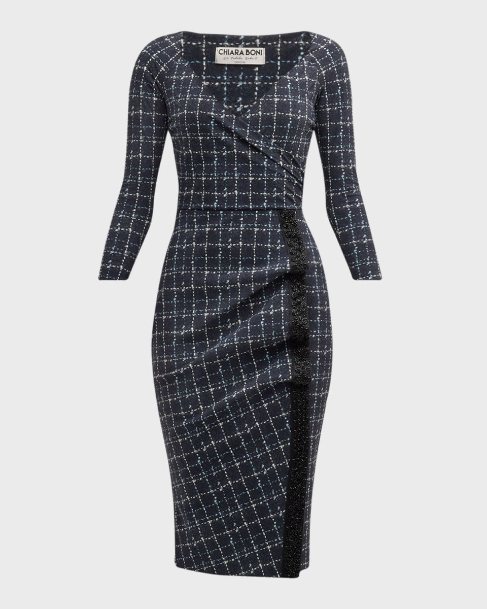 Beaded Grid-Print Bodycon Dress