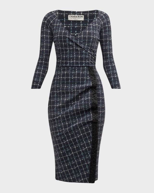 Beaded Grid-Print Bodycon Dress