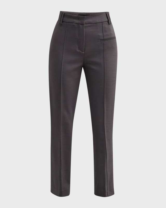 Cropped Pintuck Stretch Wool Trousers