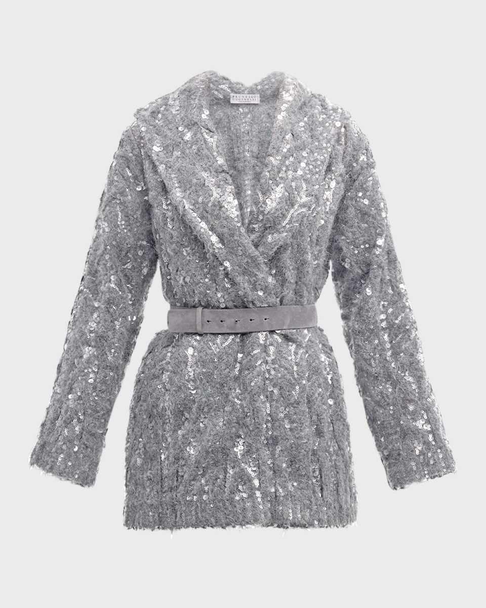 Alpaca Mohair Belted Cardigan with Sparkling Embroidery