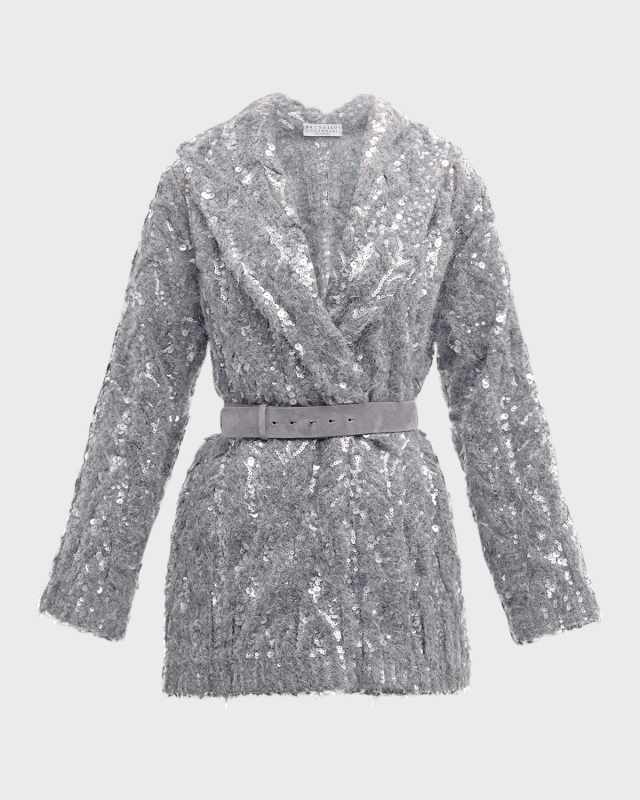 Alpaca Mohair Belted Cardigan with Sparkling Embroidery