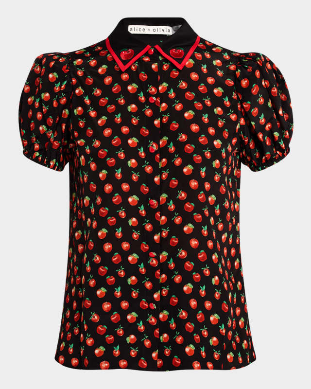 Pink Lady Apple Willa Embroidered Puff-Sleeve Blouse