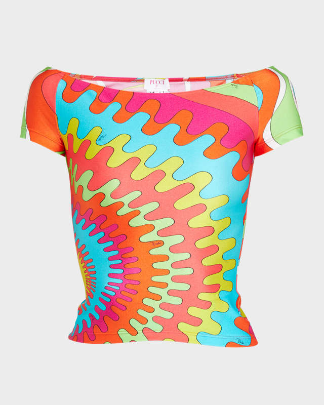 Abstract-Print Off-The-Shoulder Cap-Sleeve Top
