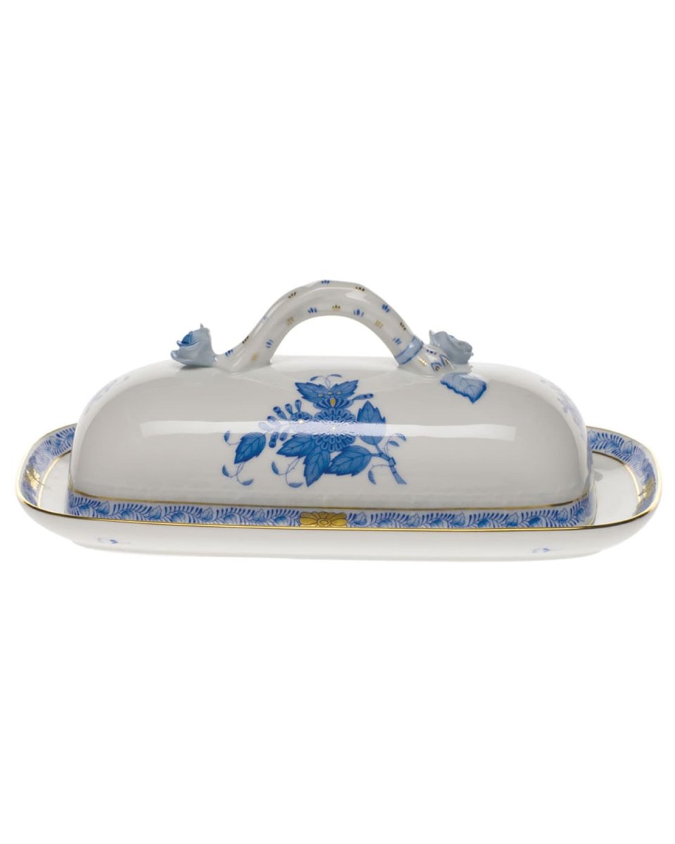 Chinese Bouquet Blue Butter Dish with Branch Handle