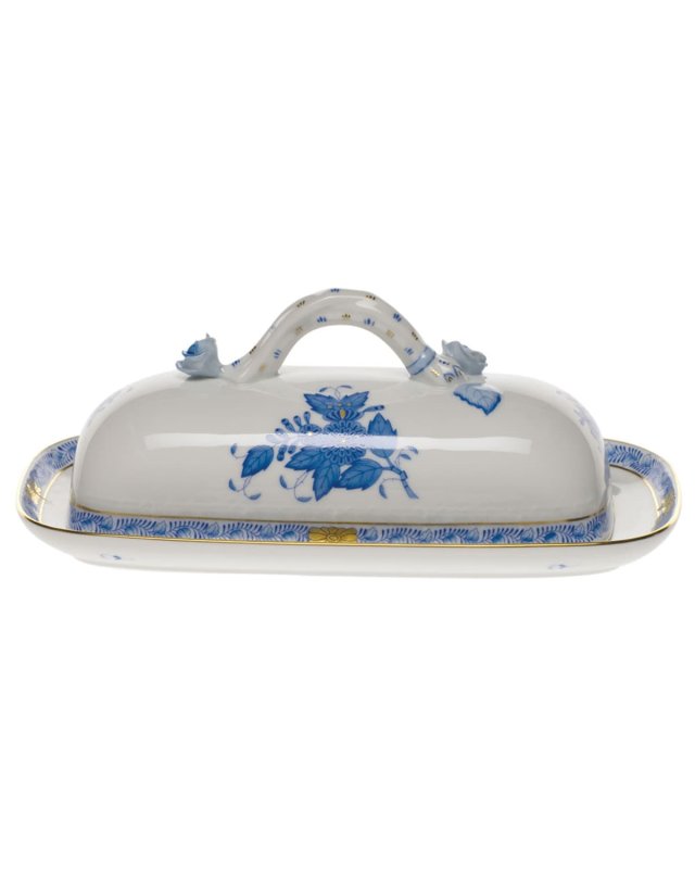 Chinese Bouquet Blue Butter Dish with Branch Handle