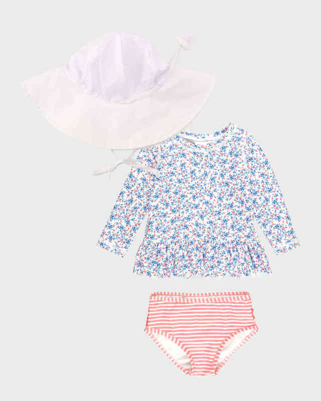 Girl's Cottage Tea Time Two-Piece Swimsuit and Hat Set, Size 3M-4
