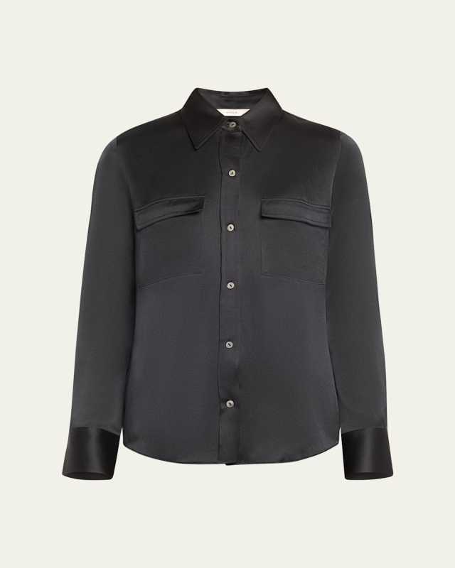 Silk Chest Pocket Long-Sleeve Blouse