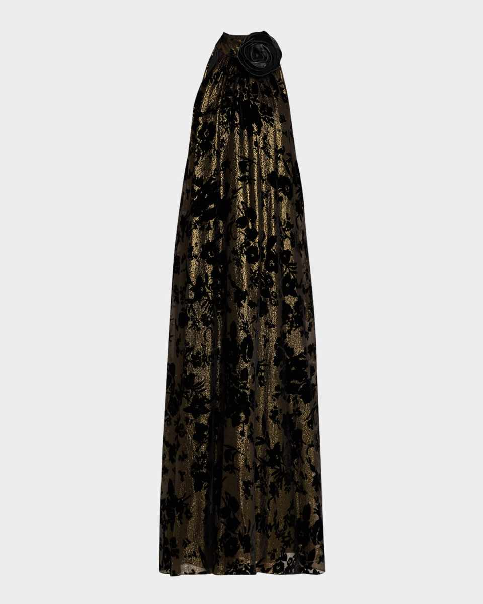 Metallic Floral Halter Gown