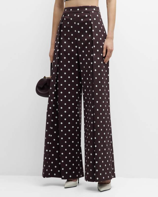 Pleated Wide-Leg Polka-Dot Pants