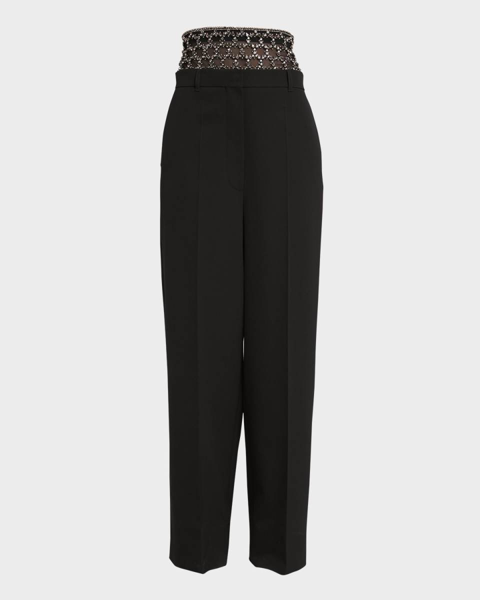 Crystal-Embellished Pleated Wide-Leg Trousers
