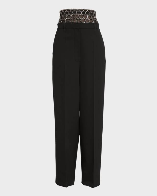 Crystal-Embellished Pleated Wide-Leg Trousers