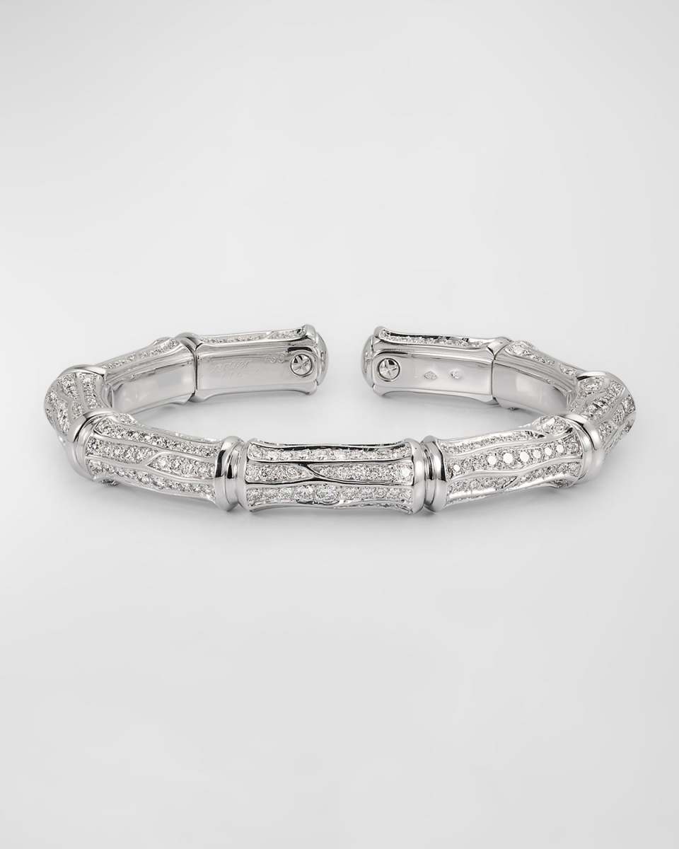 Estate Cartier 18K White Gold Pave Diamond French Bamboo Flex Bracelet