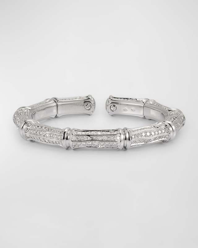 Estate Cartier 18K White Gold Pave Diamond French Bamboo Flex Bracelet