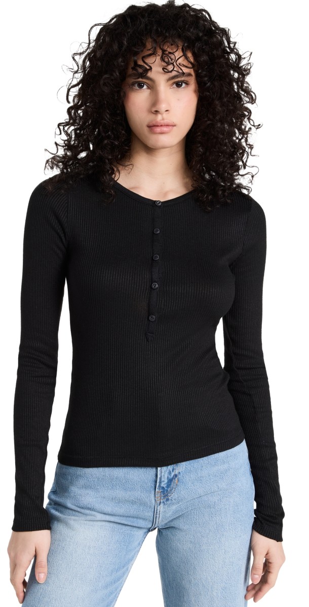 rag & bone The Rib Knit Henley Top Black
